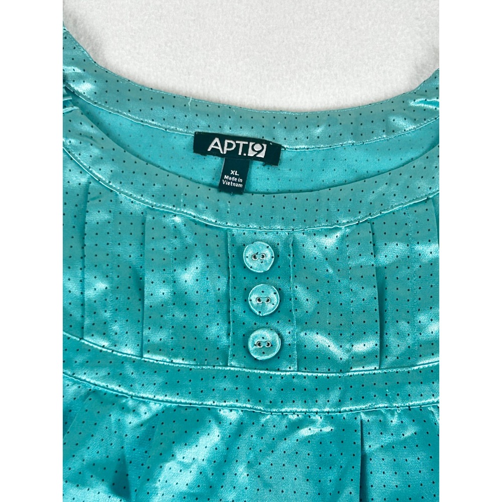 Apt 9 Womens XL Teal Blue Satin Polka Dot Pleated Cap Sleeve Blouse Top - Picture 4 of 9